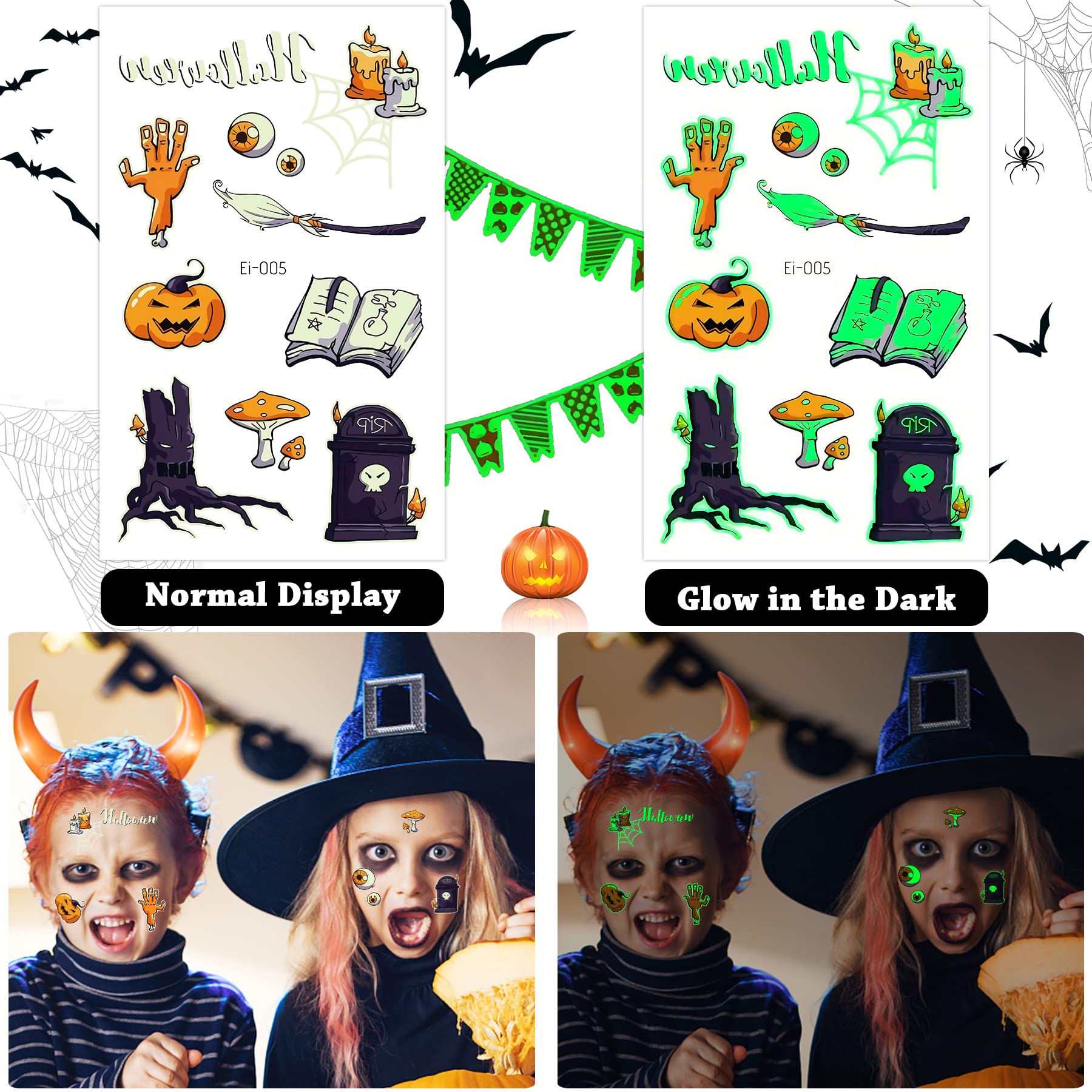 20 Sheets Halloween Temporary Tattoos for Kids, Glow in Dark Tattoo Stickers Luminous Tattoos Make up Stickers Party Favors Filler Decoration (Halloween Style)