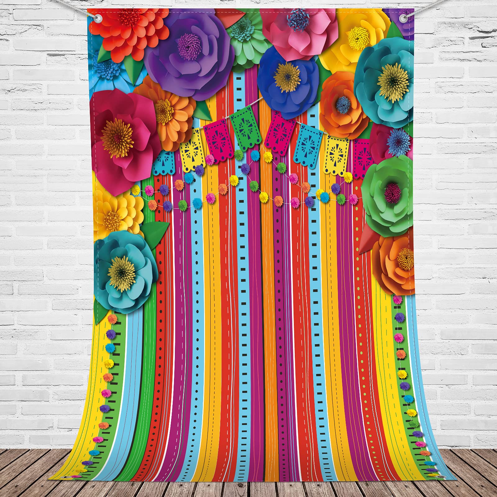 7 x 5 ft Mexican Fiesta Backdrop Photo Booth Party Props Large Fabric Cinco De Mayo Carnival Background Colorful Flag Floral Striped Banner Table Decor for Taco Bar Day of The Dead Party Decorations