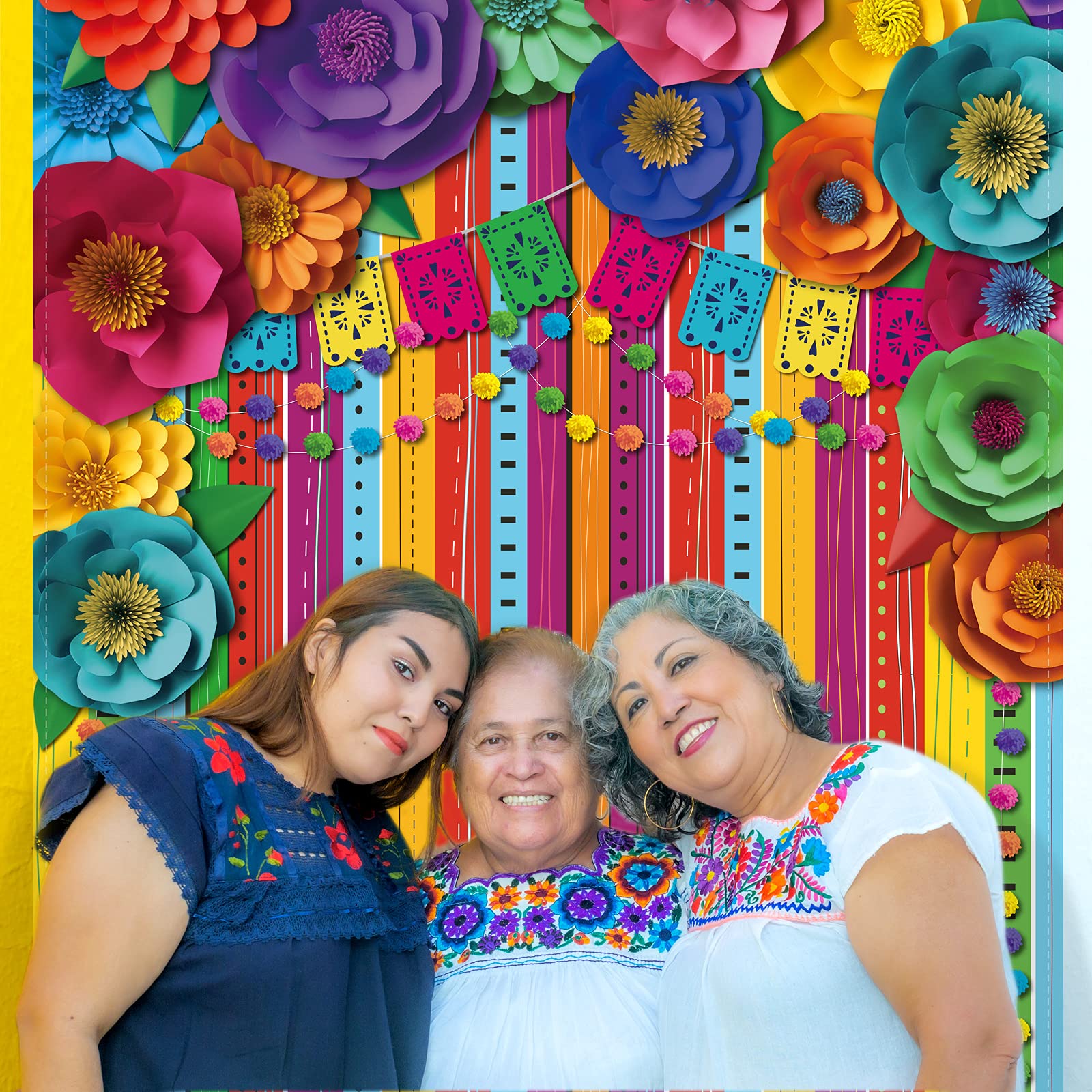 7 x 5 ft Mexican Fiesta Backdrop Photo Booth Party Props Large Fabric Cinco De Mayo Carnival Background Colorful Flag Floral Striped Banner Table Decor for Taco Bar Day of The Dead Party Decorations