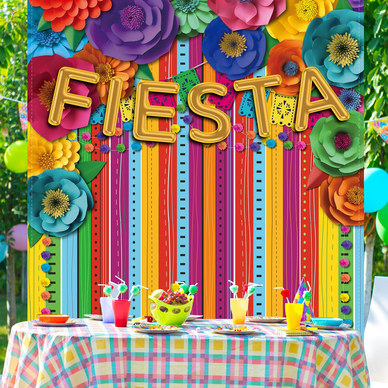 7 x 5 ft Mexican Fiesta Backdrop Photo Booth Party Props Large Fabric Cinco De Mayo Carnival Background Colorful Flag Floral Striped Banner Table Decor for Taco Bar Day of The Dead Party Decorations