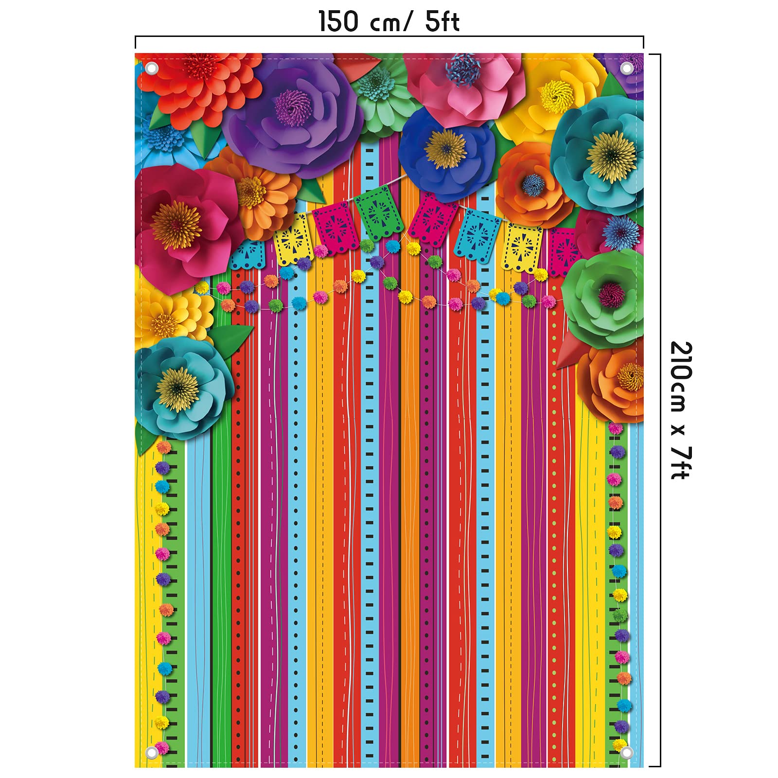 7 x 5 ft Mexican Fiesta Backdrop Photo Booth Party Props Large Fabric Cinco De Mayo Carnival Background Colorful Flag Floral Striped Banner Table Decor for Taco Bar Day of The Dead Party Decorations