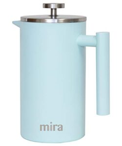 mira 20 oz stainless steel french press coffee maker | double walled insulated coffee & tea brewer pot & maker | keeps brewed coffee or tea hot | 600 ml | pearl blue