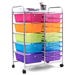 kotek 15-drawer rolling storage cart, multipurpose mobile utility cart with 4 wheels, home office school tools scrapbook paper organizer (multicolor)