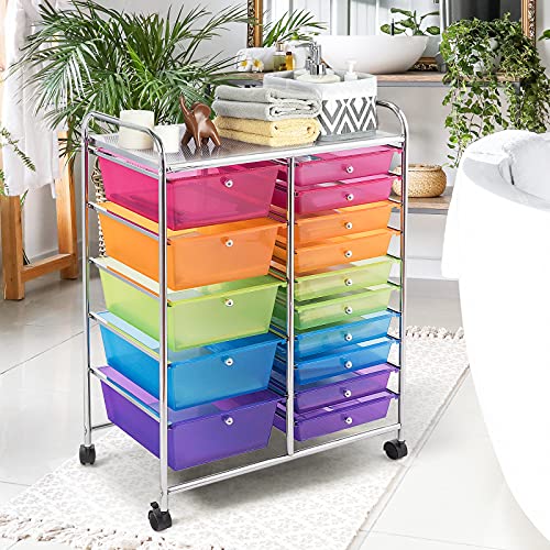 KOTEK 15-Drawer Rolling Storage Cart, Multipurpose Mobile Utility Cart with 4 Wheels, Home Office School Tools Scrapbook Paper Organizer (Multicolor)