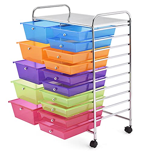 KOTEK 15-Drawer Rolling Storage Cart, Multipurpose Mobile Utility Cart with 4 Wheels, Home Office School Tools Scrapbook Paper Organizer (Multicolor)