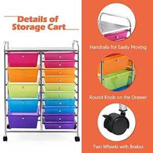 KOTEK 15-Drawer Rolling Storage Cart, Multipurpose Mobile Utility Cart with 4 Wheels, Home Office School Tools Scrapbook Paper Organizer (Multicolor)