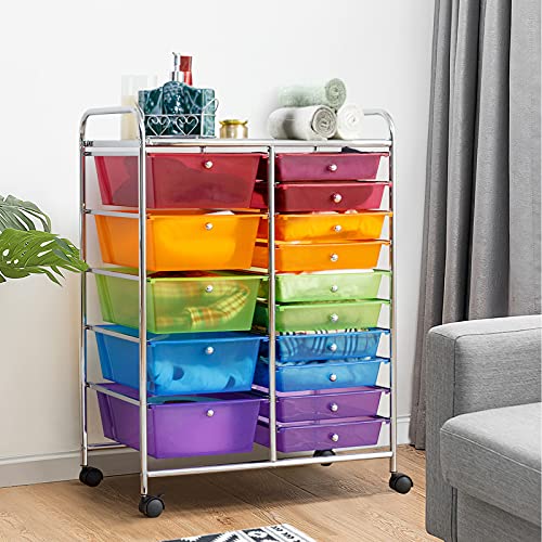 KOTEK 15-Drawer Rolling Storage Cart, Multipurpose Mobile Utility Cart with 4 Wheels, Home Office School Tools Scrapbook Paper Organizer (Multicolor)