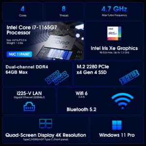 Intel NUC 11 NUC11PAHi7 Panther Canyon Mini PC, i7-1165G7, NO RAM, NO SSD, NO OS, Barebones, Mini Computers for Business Home Office, Support 8K/WiFi 6/4K Quad Display/Bluetooth 5/Thunderbolt 3