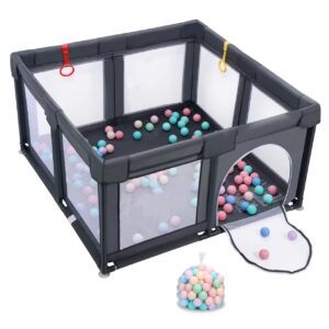 baby playpen, playpen for babies and toddlers indoor & outdoor kids activity center with 50 ocean balls small baby playard breathable mesh kids safety play area, 47in x 47in (dark gray)
