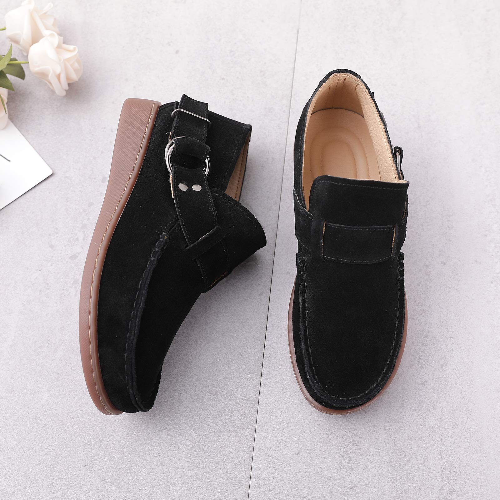 Trsorini Women Walking Shoes Fashion Comfort Suede Slip on Sneaker Casual Shoes for Lady Buckle Strap Adjustable Flat Shoes Black Size 7.5