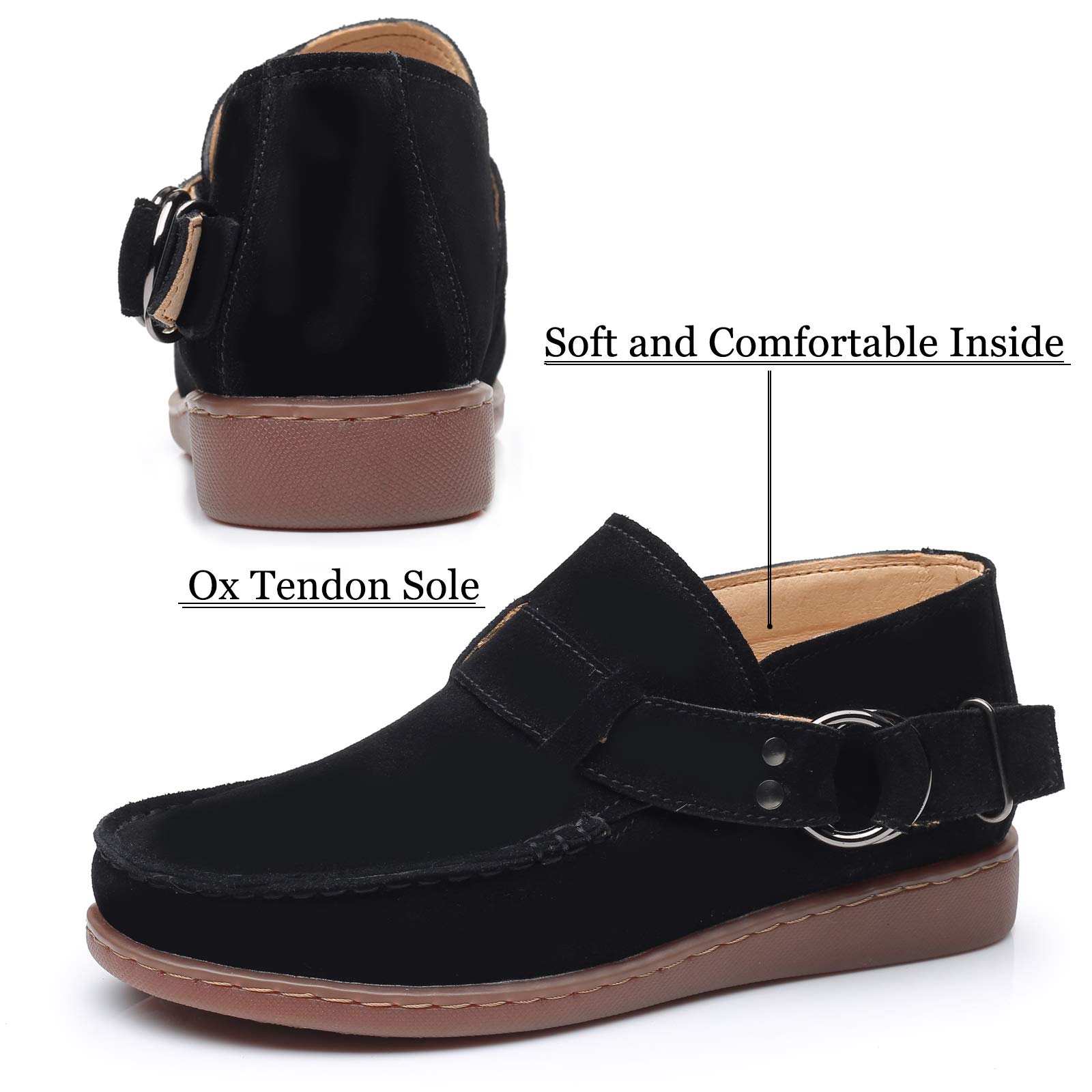 Trsorini Women Walking Shoes Fashion Comfort Suede Slip on Sneaker Casual Shoes for Lady Buckle Strap Adjustable Flat Shoes Black Size 7.5