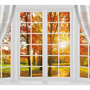 Allenjoy Autumn Tree Window Backdrop Fall Forest Scene Natural Windowsill Photography Background Newborn Party Banner Wall Decor Photo Booth Props