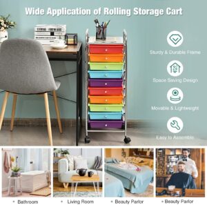 KOTEK 10-Drawer Rolling Storage Cart, Multipurpose Utility Cart Mobile Craft Cart w/Drawers & Wheels, Home Office School Tools Scrapbook Paper Organizer (Multicolor-Combo2)