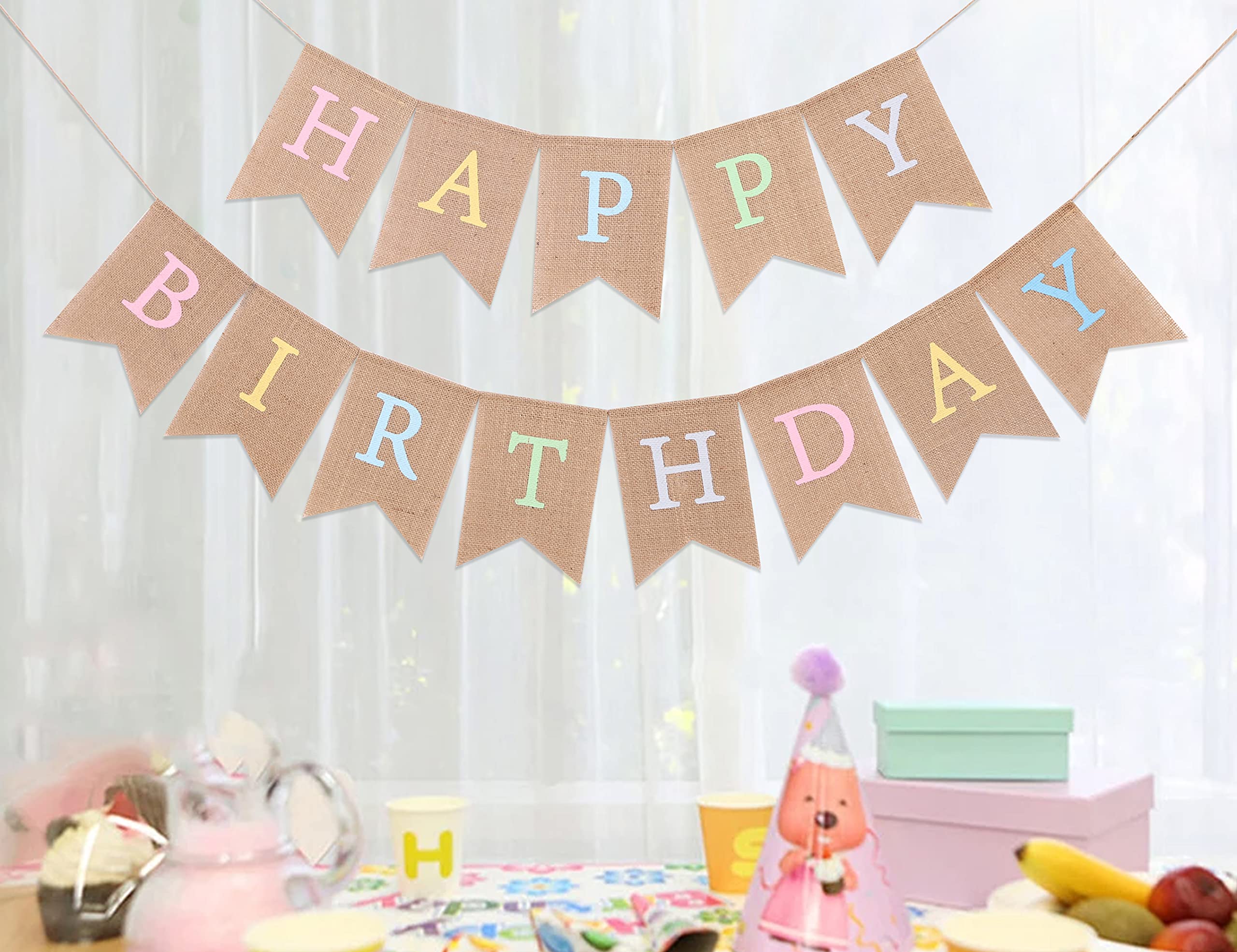 Rainbow Happy Birthday Burlap Banner - Happy Birthday Pastel Colors, Personalized Birthday Banner, 1st Birthday Rainbow Decorations,Photo Prop,Best Birthday Party Supplies (Rainbow Burlap Banner)