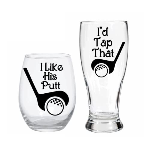 Jemley Golfer Gift Set Wine & Beer Glasses | I Like His Putt/I'd Tap That | His and Hers Golf Gift | Anniversary/Wedding/Bridal Shower Gift | Funny Golf Gift | Handmade