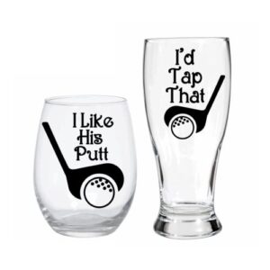 jemley golfer gift set wine & beer glasses | i like his putt/i'd tap that | his and hers golf gift | anniversary/wedding/bridal shower gift | funny golf gift | handmade