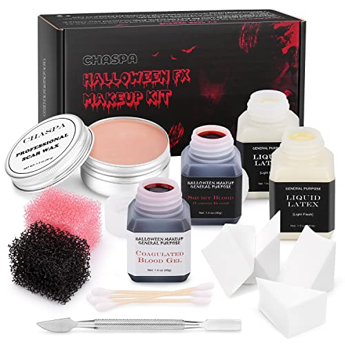 CHASPA Halloween Liquid Latex Special Effects SFX Makeup Kit - Scar Wax + 2 Btl Liquid Latex + 2 Btl Fake Blood + Spatula Tool + 2Pcs Stipple Sponge + 4Pcs Makeup Sponges + Cotton Swabs