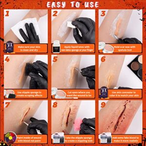 CHASPA Halloween Liquid Latex Special Effects SFX Makeup Kit - Scar Wax + 2 Btl Liquid Latex + 2 Btl Fake Blood + Spatula Tool + 2Pcs Stipple Sponge + 4Pcs Makeup Sponges + Cotton Swabs