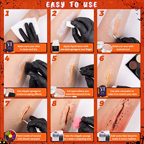 CHASPA Halloween Liquid Latex Special Effects SFX Makeup Kit - Scar Wax + 2 Btl Liquid Latex + 2 Btl Fake Blood + Spatula Tool + 2Pcs Stipple Sponge + 4Pcs Makeup Sponges + Cotton Swabs