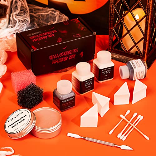 CHASPA Halloween Liquid Latex Special Effects SFX Makeup Kit - Scar Wax + 2 Btl Liquid Latex + 2 Btl Fake Blood + Spatula Tool + 2Pcs Stipple Sponge + 4Pcs Makeup Sponges + Cotton Swabs