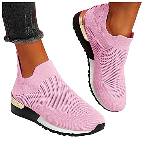 Hbeylia Walking Shoes for Women Fashion Comfortable Mesh Platform Wedge Slip On Sock Sneakers Running Tennis Hiking Outdoor Sports Athletic Shoes for Office Work Nurse Driving Pink