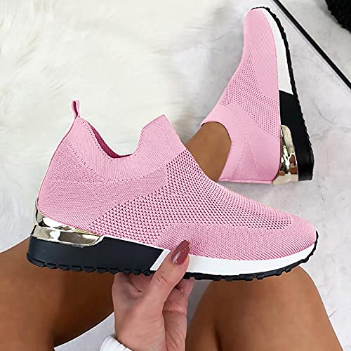 Hbeylia Walking Shoes for Women Fashion Comfortable Mesh Platform Wedge Slip On Sock Sneakers Running Tennis Hiking Outdoor Sports Athletic Shoes for Office Work Nurse Driving Pink