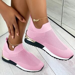 Hbeylia Walking Shoes for Women Fashion Comfortable Mesh Platform Wedge Slip On Sock Sneakers Running Tennis Hiking Outdoor Sports Athletic Shoes for Office Work Nurse Driving Pink