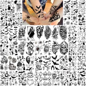 shegazzi 52 sheets halloween temporary tattoos for kids boys girls women men, 3d scary skull skeleton fake tattoos sticker for adults, small ghost vampire bat pumpkin spider temp transfer tatoos devil