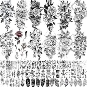 shegazzi 63 sheets 3d flower temporary tattoos for women girl, 12 sheets realistic sexy rose peony floral fake tattoo sticker adult, 52 sheets small black snake letter anchor infinity tatoos neck arm