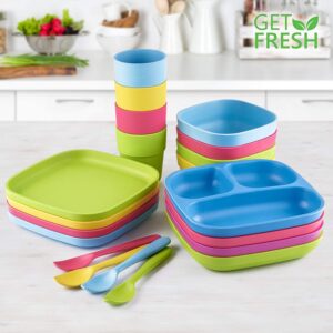 GET FRESH PLA Kids Divided Plates Set – 2-pack Melamine-Free Sectioned Plates for Kids and Toddlers – Stackable BPA-free Childrens Dinnerware Divider Plates – Reusable 3 Compartment Kids Plates