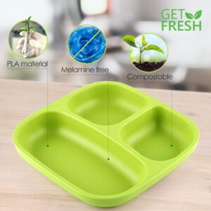 GET FRESH PLA Kids Divided Plates Set – 2-pack Melamine-Free Sectioned Plates for Kids and Toddlers – Stackable BPA-free Childrens Dinnerware Divider Plates – Reusable 3 Compartment Kids Plates