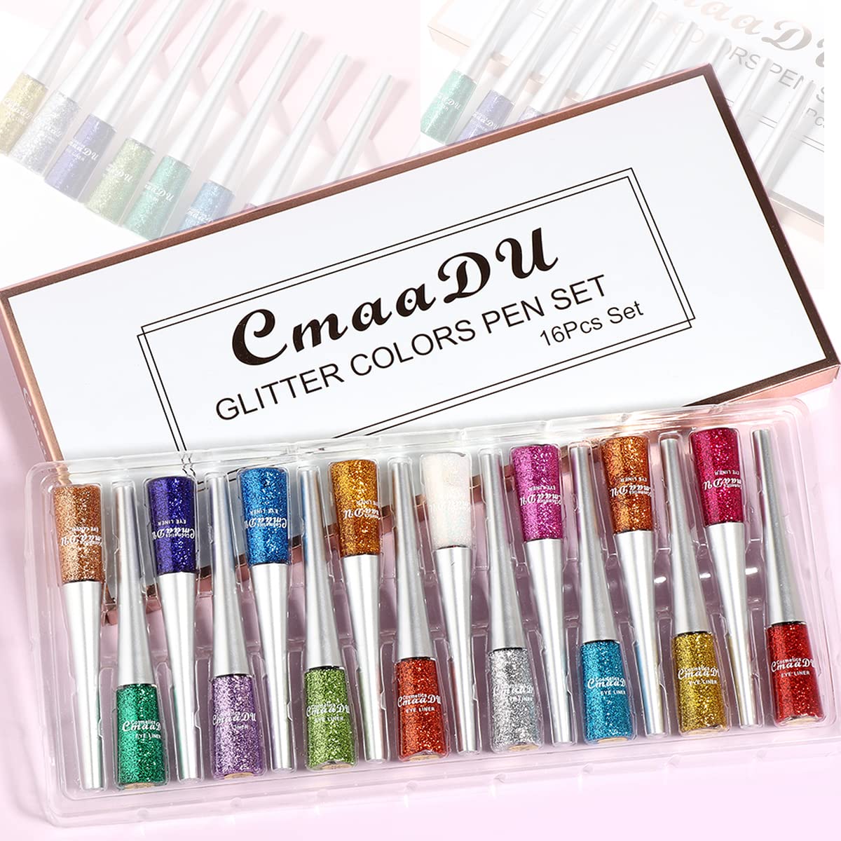 Aseawave 16 Colors Liquid Glitter Eyeliner Set, Metallic Shimmer Glitter Eyeshadow, Colorful Rainbow Eyeliner Long Lasting Waterproof Face Lips Art for Party Festival Makeup