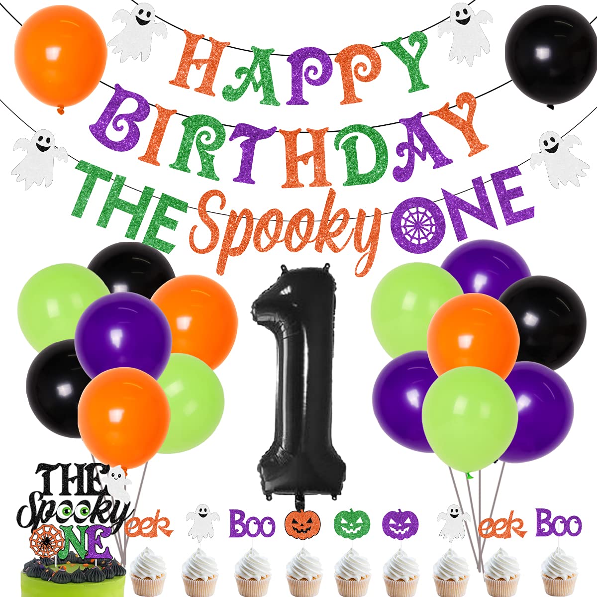 Fangleland Halloween 1st Birthday Party Decorations - The Spooky One Happy Birthday Banner Garland Cake Toppers Number 1 Balloon for Boy Girl Halloween Spooky One First Birthday