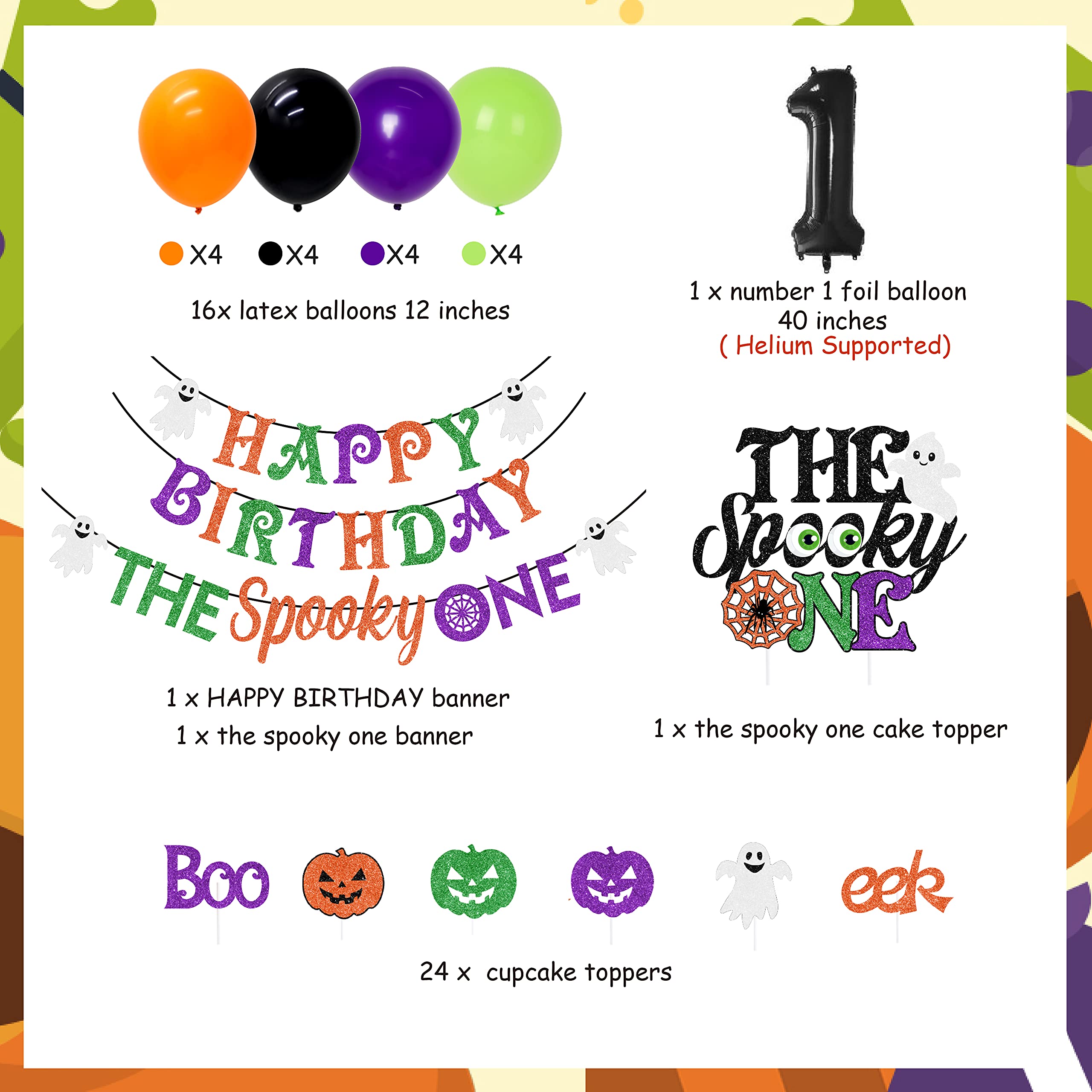 Fangleland Halloween 1st Birthday Party Decorations - The Spooky One Happy Birthday Banner Garland Cake Toppers Number 1 Balloon for Boy Girl Halloween Spooky One First Birthday