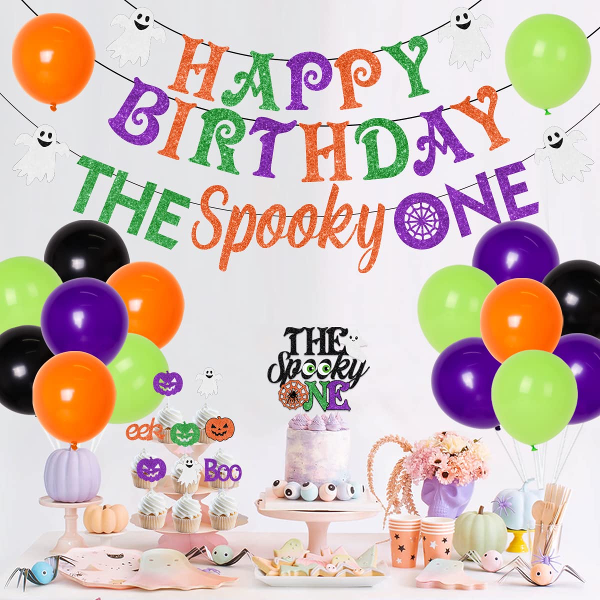 Fangleland Halloween 1st Birthday Party Decorations - The Spooky One Happy Birthday Banner Garland Cake Toppers Number 1 Balloon for Boy Girl Halloween Spooky One First Birthday