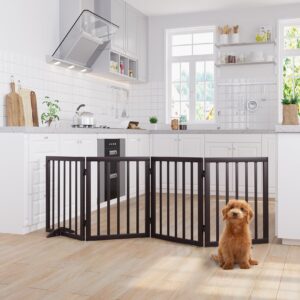 semiocthome freestanding dog gates for the house, doorways, stairs with 2pcs support feet, foldable 4-panel pet gates for dogs, 24"(h) extra wide doggy fence for inside expands up to 74"(w)- brown