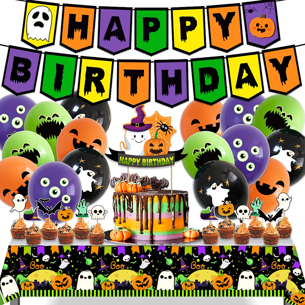 Halloween Birthday Party Decorations, Happy Birthday Banner with Pumpkins and Ghost,Colourful Halloween Cartoon Pattern Balloons,Plastic Tablecloth and Halloween Caketopper