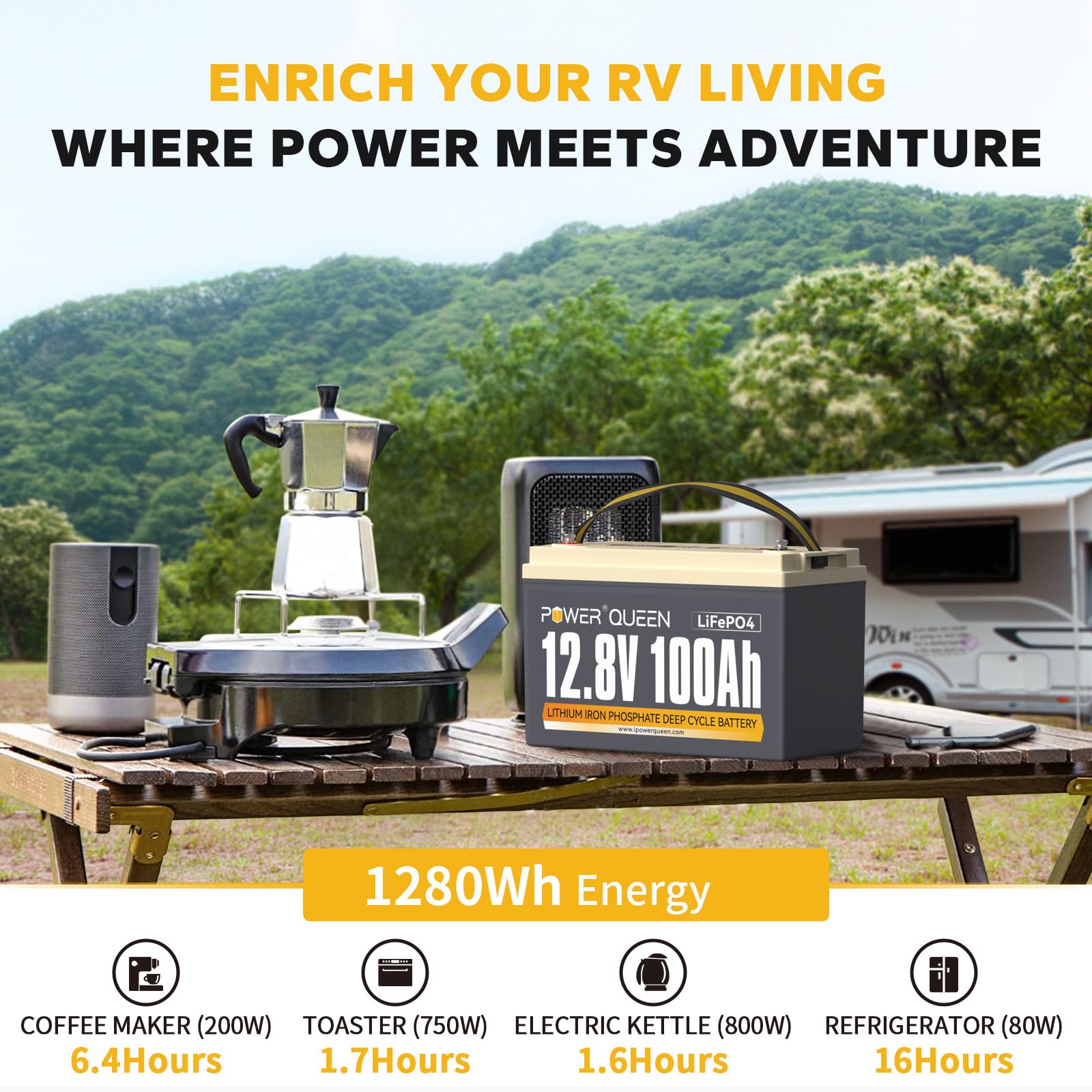 Power Queen 12V 100Ah LiFePO4 Battery, 1280Wh Lithium Battery with 100A BMS, Up to 15000 Rechargeable Cycles, Support in Series/Parallel, Perfect for RV Camping, Trolling Motor, Solar Power Storage