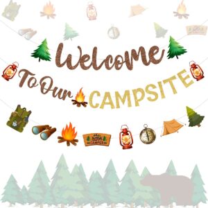 fangleland camping party decorations welcome to our campsite banner, camper garland for lumberjack birthday baby shower adventure party supplies