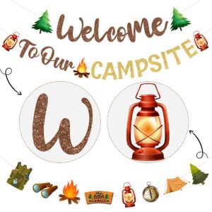 Fangleland Camping Party Decorations Welcome To Our CAMPSITE Banner, Camper Garland for Lumberjack Birthday Baby Shower Adventure Party Supplies