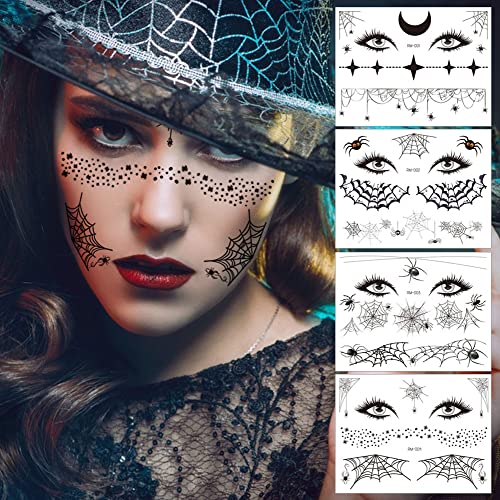 Halloween 4Sheet Spider net Temporary tattoo, Day of the Dead Make Up Supplies, Halloween Party Cosplay Favor Decorations for Adult Kids