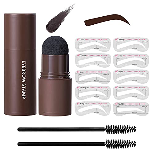 Eye-Brow Stamp Stencil Kit, Waterproof Brow Stamp Shaping Kit Eyebrow Definer, Eyebrow Filling Powder Stamp, Women Makeup Tools with 10 Reusable Eyebrow Stencils, 2 Eyebrow Brushes (Dark Brown)