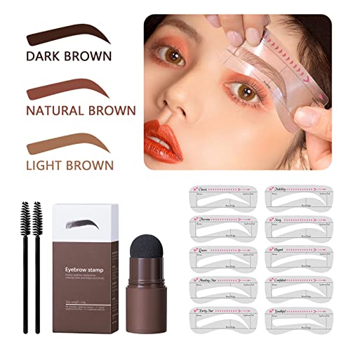 Eye-Brow Stamp Stencil Kit, Waterproof Brow Stamp Shaping Kit Eyebrow Definer, Eyebrow Filling Powder Stamp, Women Makeup Tools with 10 Reusable Eyebrow Stencils, 2 Eyebrow Brushes (Dark Brown)