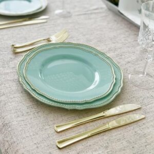 OCCASIONS 240 Plates Pack, Premium Heavyweight Disposable Wedding Party Plastic Trays 17.5'' x 6.5'' (Trays Rochelle Rochelle Seafoam/Mint & Gold)