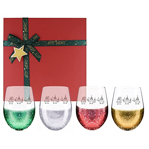 Christmas Gnome Etched Stemless Wine Drinking Glasses Glassware Set of 4