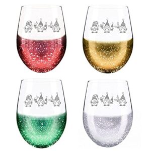 Christmas Gnome Etched Stemless Wine Drinking Glasses Glassware Set of 4