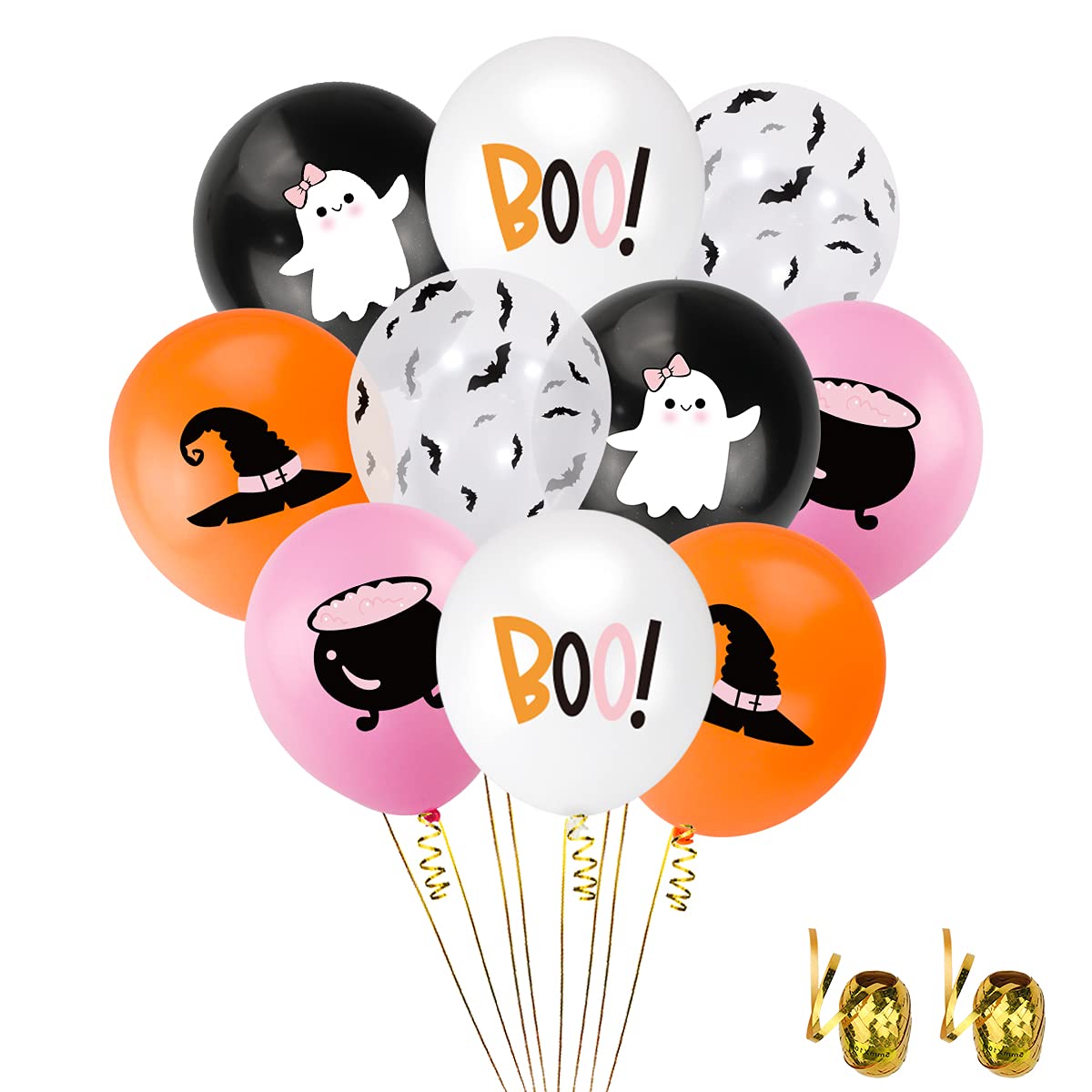 50Pcs Halloween Balloons, Halloween Pink Orange Black White Latex Balloons with Cute Ghost,Wizard hat,Black Bat Design for Halloween Party Favors,Little Boo Baby Shower,Halloween Birthday Party Decor