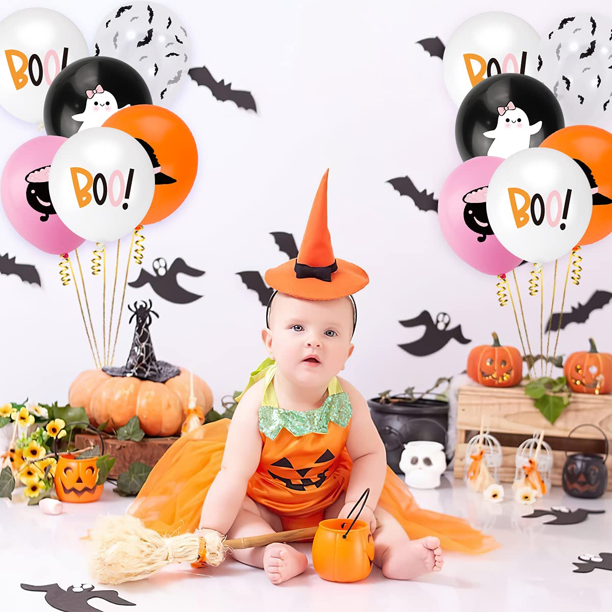 50Pcs Halloween Balloons, Halloween Pink Orange Black White Latex Balloons with Cute Ghost,Wizard hat,Black Bat Design for Halloween Party Favors,Little Boo Baby Shower,Halloween Birthday Party Decor