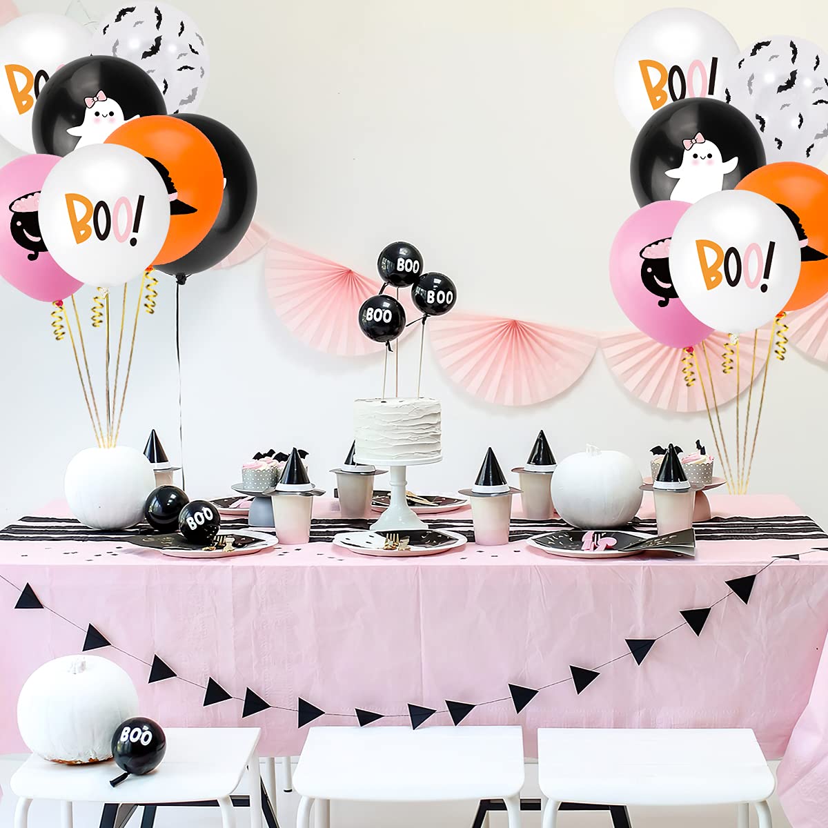50Pcs Halloween Balloons, Halloween Pink Orange Black White Latex Balloons with Cute Ghost,Wizard hat,Black Bat Design for Halloween Party Favors,Little Boo Baby Shower,Halloween Birthday Party Decor