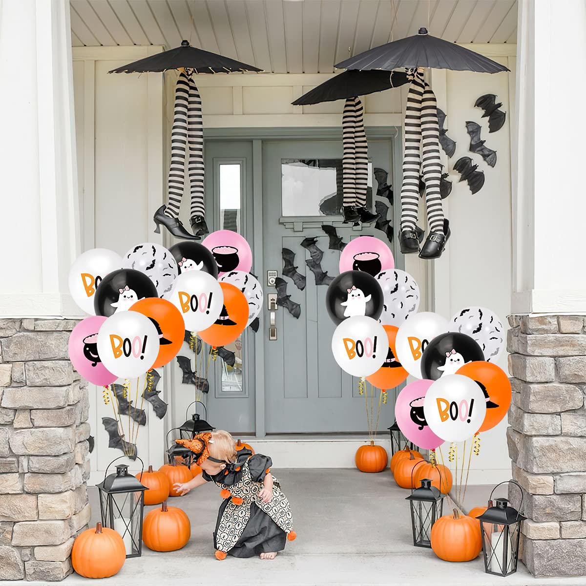 50Pcs Halloween Balloons, Halloween Pink Orange Black White Latex Balloons with Cute Ghost,Wizard hat,Black Bat Design for Halloween Party Favors,Little Boo Baby Shower,Halloween Birthday Party Decor